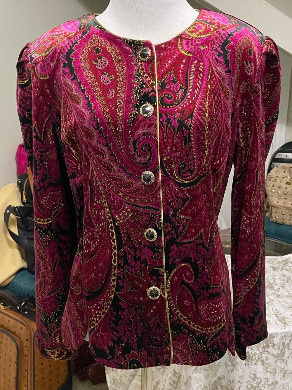 Vintage R&K Fuchsia Paisley Velvet jacket with Gold Trim